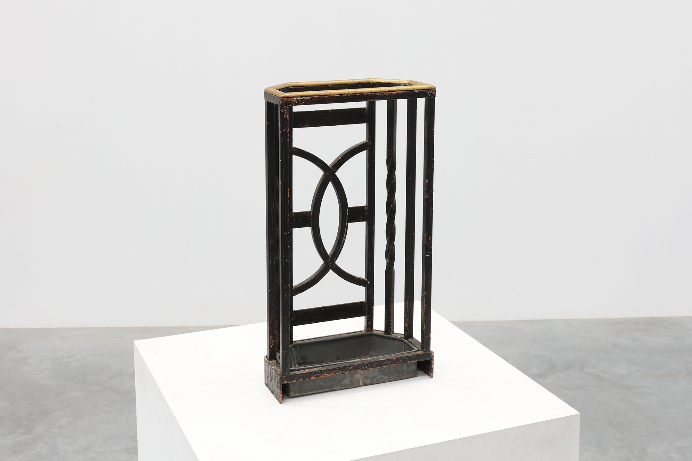 Art Deco metal umbrella stand with geometric openwork and brass rim, Belgium, 1920sthumbnail